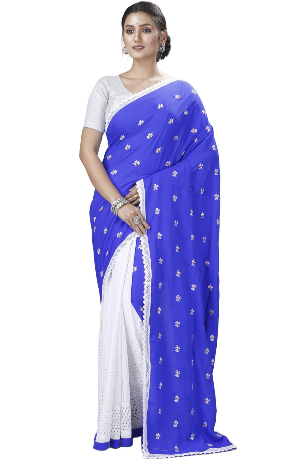 Blue White Pure Cotton LalPori Hand Loom Saree (1254)